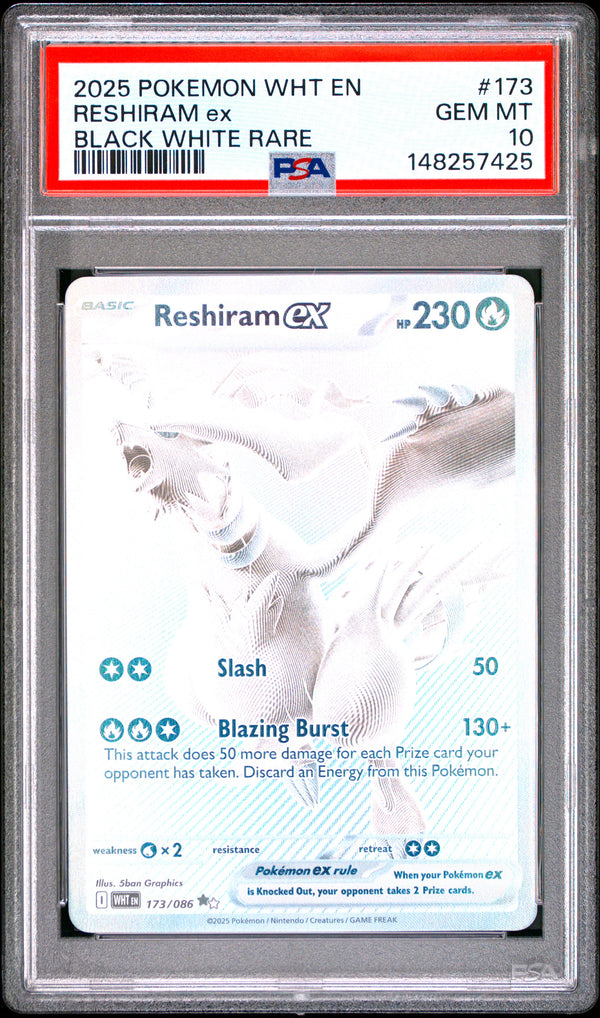 Reshiram Ex #173 2025 Pokemon Wht En-White Flare PSA 10 Black White Rare
