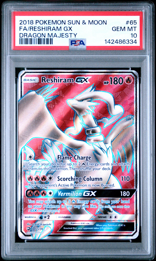 Reshiram Gx #65 2018 Pokemon Sun & Moon Dragon Majesty PSA 10 Dragon Majesty
