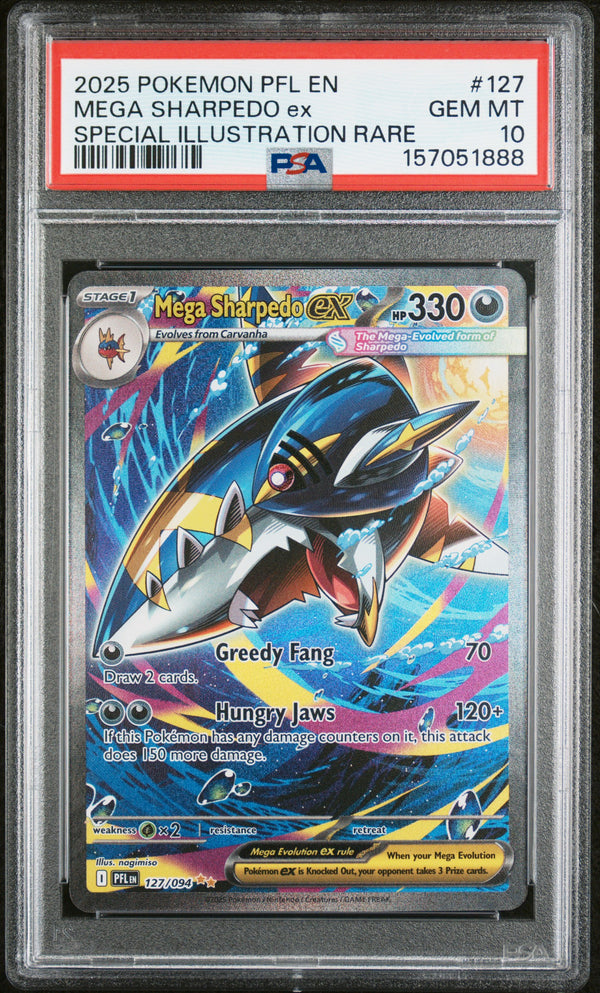 Mega Sharpedo Ex #127 2025 Pokemon Pfl En-Phantasmal Flames PSA 10 SIR b