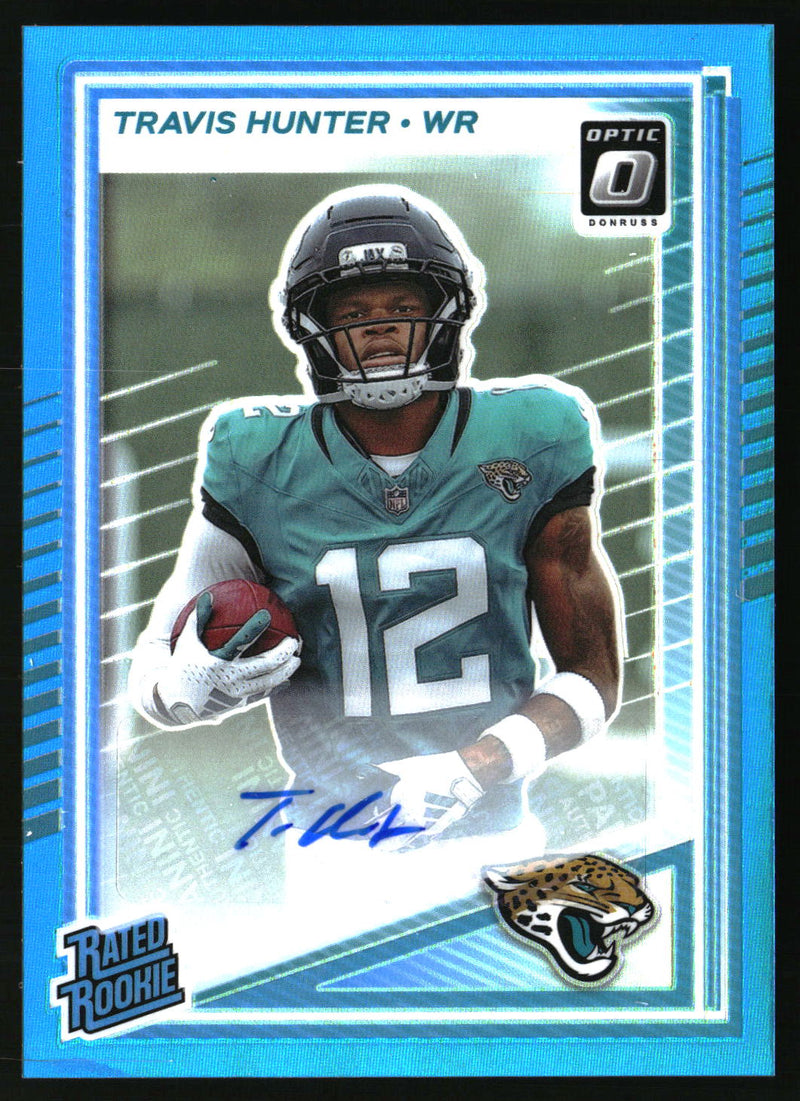 Travis Hunter #201 2025 Donruss Optic Rated Rookies RPS Autographs Neon Blue /299