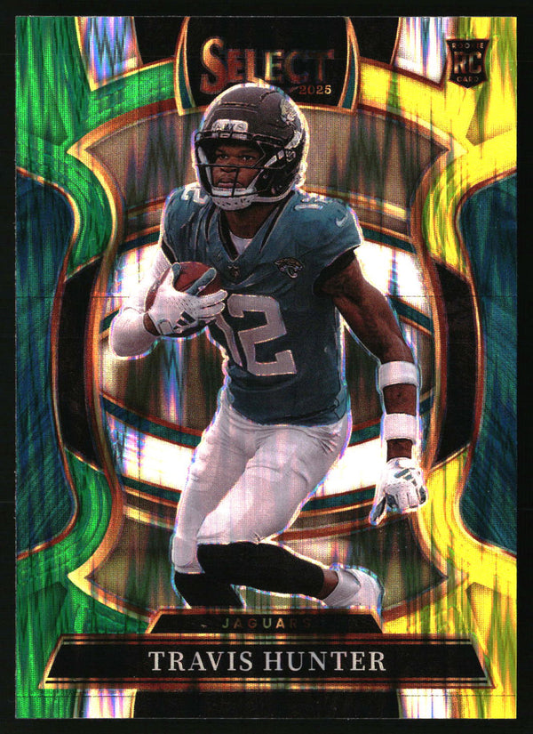 Travis Hunter 2025 Panini Select #28 Green and Yellow Prizm Shock RC