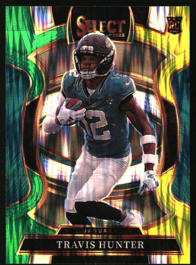 Travis Hunter 2025 Panini Select #28 Green and Yellow Prizm Shock RC