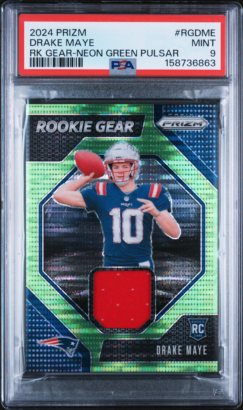 Drake Maye #RGDME 2024 Panini Prizm Rookie Gear PSA 9 Rk Gear-Neon Green Pulsar
