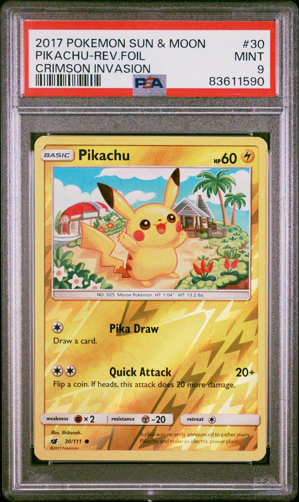 Pikachu-Rev.Foil #30 2017 Pokemon Sun & Moon Crimson Invasion PSA 9