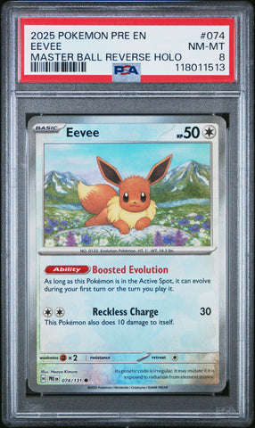 Eevee #074 2025 Pokemon Pre En-Prismatic Evolutions PSA 8 Master Ball B