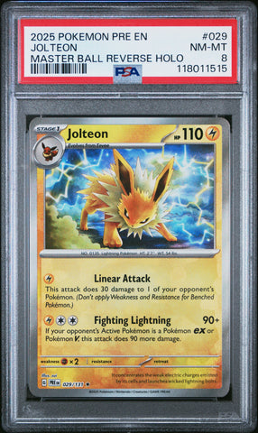 Jolteon #029 2025 Pokemon Pre En-Prismatic Evolutions PSA 8 Master Ball A
