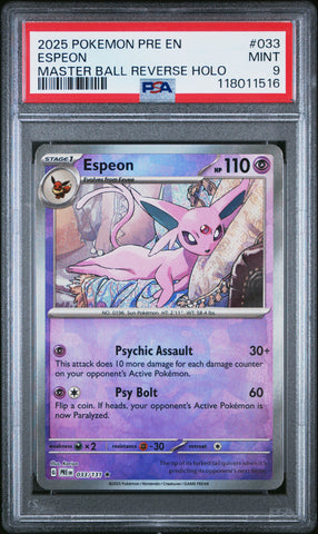 Espeon #033 2025 Pokemon Pre En-Prismatic Evolutions PSA 9 Master Ball A