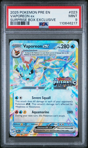 Vaporeon Ex #023 2025 Pokemon Pre En-Prismatic Evolutions PSA 9