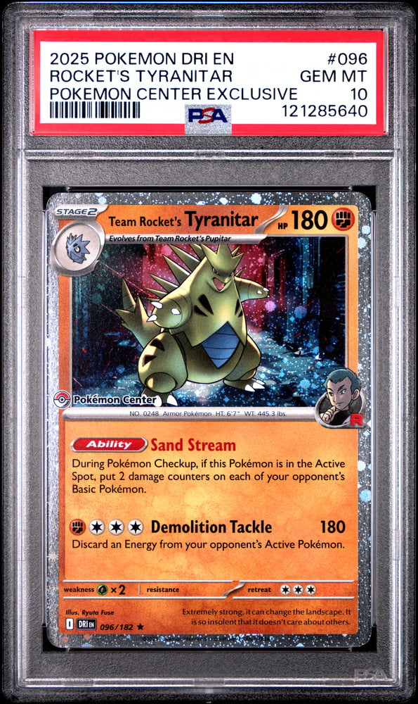 Rocket's Tyranitar #096 2025 Destined Rivals PSA 10 Pokemon Center Exclusive b