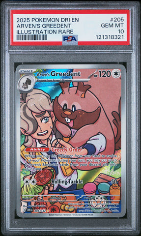 Arven's Greedent #205 2025 Pokemon Dri En-Destined Rivals PSA 10 IR a