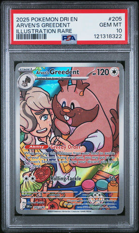 Arven's Greedent #205 2025 Pokemon Dri En-Destined Rivals PSA 10 IR b