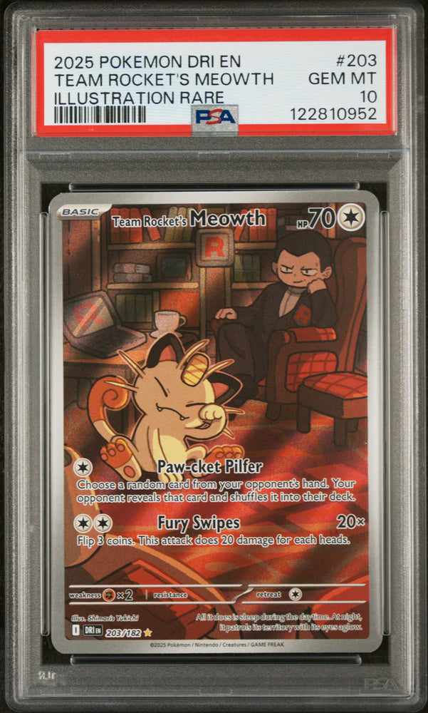 Team Rocket's Meowth #203 2025 Pokemon Dri En-Destined Rivals PSA 10 IR