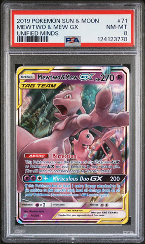 Mewtwo & Mew Gx #71 2019 Pokemon Sun & Moon Unified Minds PSA 8 Unified Minds