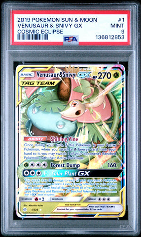 Venusaur & Snivy Gx #1 2019 Pokemon Sun & Moon Cosmic Eclipse PSA 9