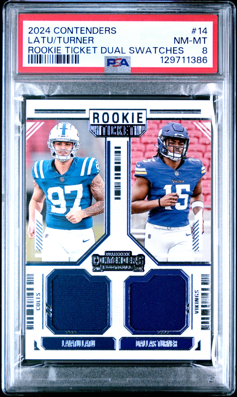 Latu/Turner #14 2024 Panini Contenders Rookie Ticket Dual Swatches PSA 8