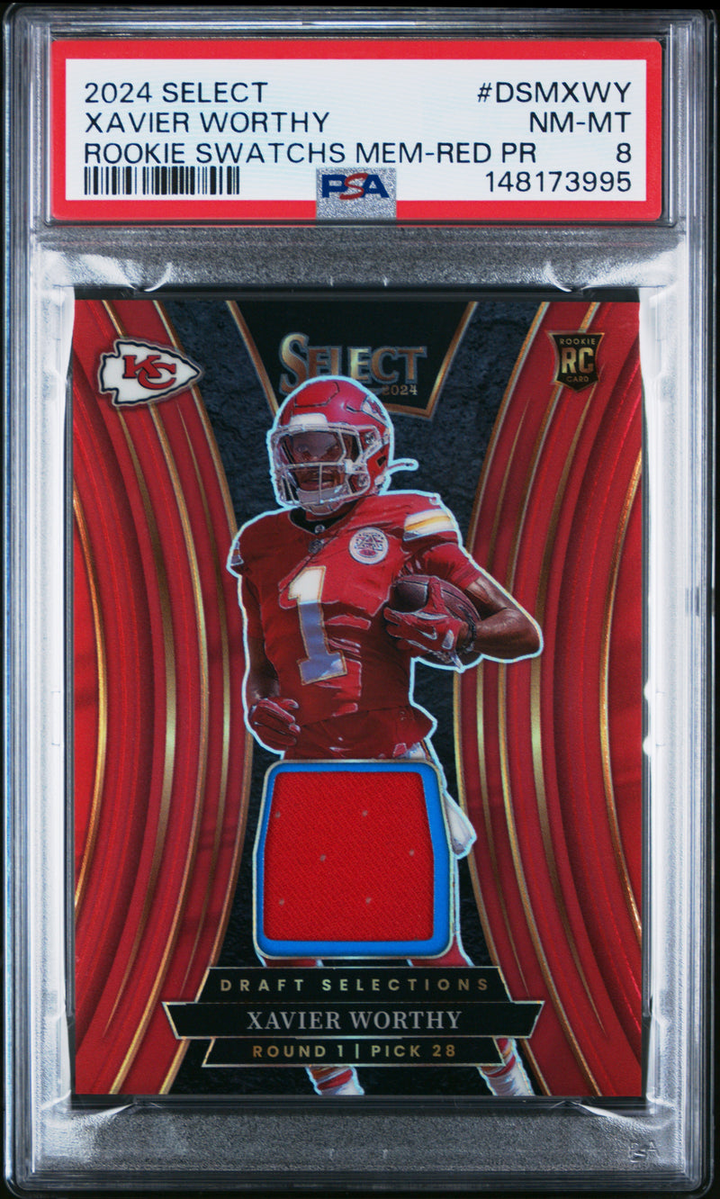 Xavier Worthy #DSMXWY 2024 Panini Select PSA 8 Rookie Swatchs Red