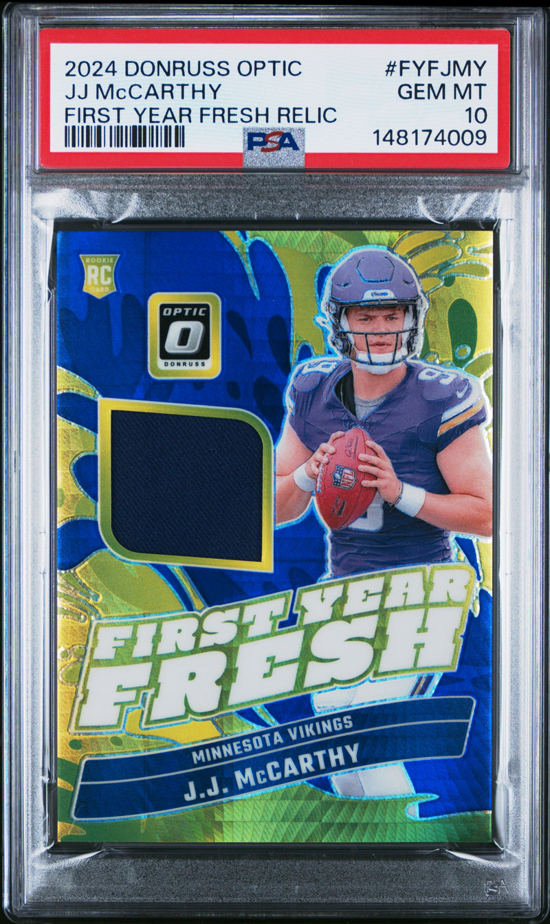 Jj Mccarthy #FYFJMY 2024 Panini Donruss Optic First Year Fresh Relic PSA 10