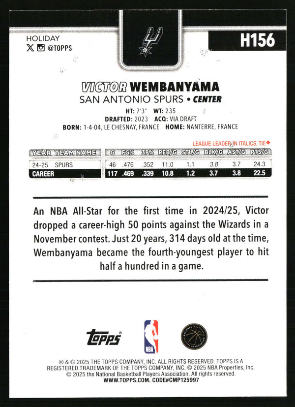 Victor Wembanyama #H156 2025-26 Topps Holiday Glitter Holiday