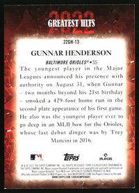 Gunnar Henderson #22GH-13 2023 Topps 2022 Greatest Hits