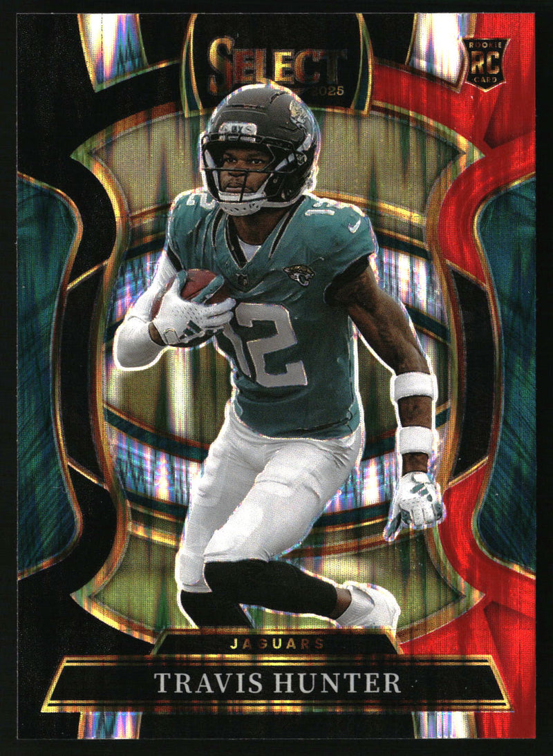 Travis Hunter 2025 Panini Select #28 Black and Red Prizm Shock Rookie