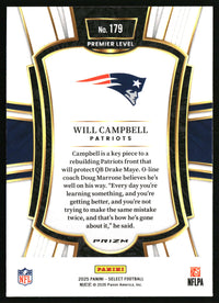 Will Campbell 2025 Panini Select #179 Black and Red Prizm Shock Rookie