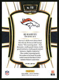 RJ Harvey 2025 Panini Select #110 Black and Green Prizm Shock RC
