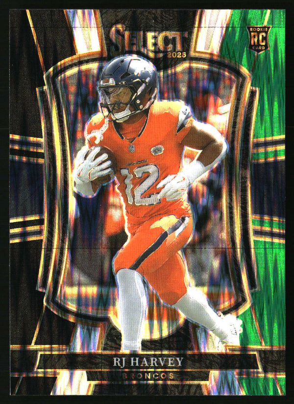 RJ Harvey 2025 Panini Select #110 Black and Green Prizm Shock RC
