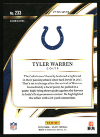 Tyler Warren 2025 Panini Select #233 Red and Blue Prizm Shock RC