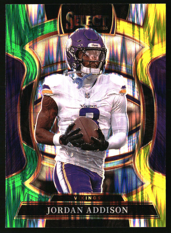 Jordan Addison 2025 Panini Select #65 Green and Yellow Prizm Shock