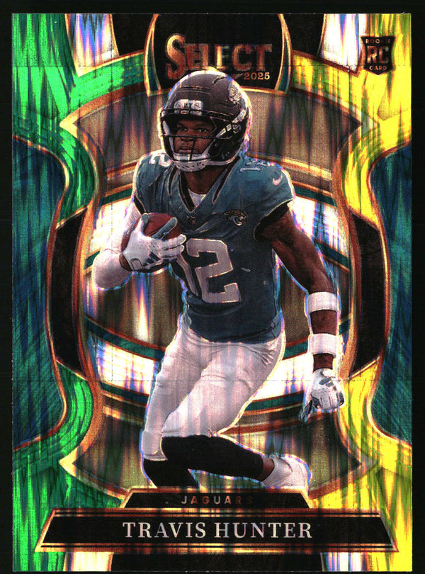 Travis Hunter 2025 Panini Select #28 Green and Yellow Prizm Shock RC