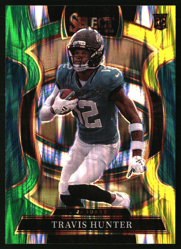 Travis Hunter 2025 Panini Select #28 Green and Yellow Prizm Shock RC