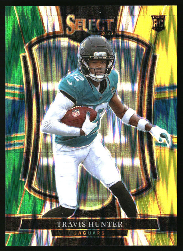 Travis Hunter 2025 Panini Select #128 Green and Yellow Prizm Shock RC