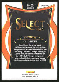 Cal Ripken 2025 Panini Select #50 Orange Flash Prizms