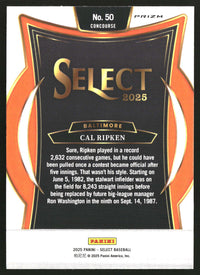 Cal Ripken 2025 Panini Select #50 Orange Flash Prizms