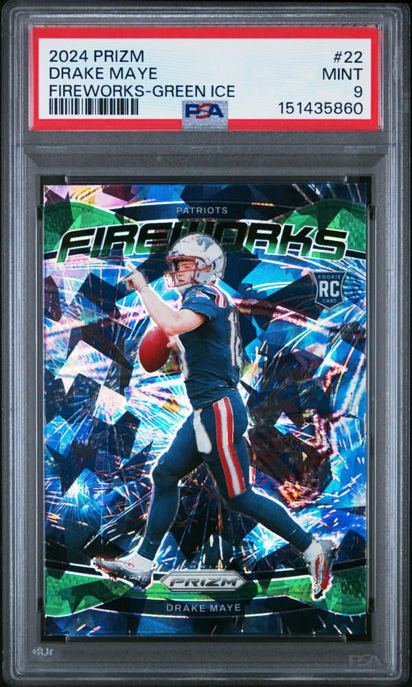Drake Maye #22 2024 Panini Prizm Fireworks PSA 9 Fireworks-Green Ice