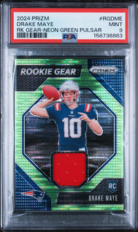 Drake Maye #RGDME 2024 Panini Prizm Rookie Gear PSA 9 Rk Gear-Neon Green Pulsar