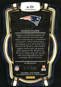 Bailey Zappe 2022 Panini Select #231 Orange Prizm Die Cut SN, RC