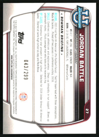 Jordan Battle 2022 Bowman University Chrome #27 Aqua Wave Refractor SN