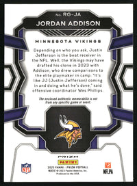 Jordan Addison 2023 Panini Prizm #RG-JA Rookie Gear Neon Green Pulsar MEM