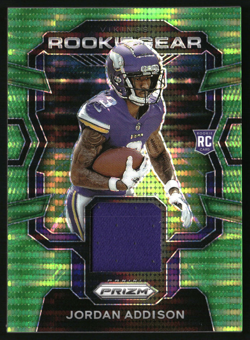 Jordan Addison 2023 Panini Prizm #RG-JA Rookie Gear Neon Green Pulsar MEM