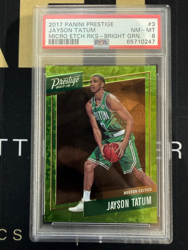 Jayson Tatum #3 2017 Panini Prestige Micro Etch Rookies PSA 8 Bright Grn.
