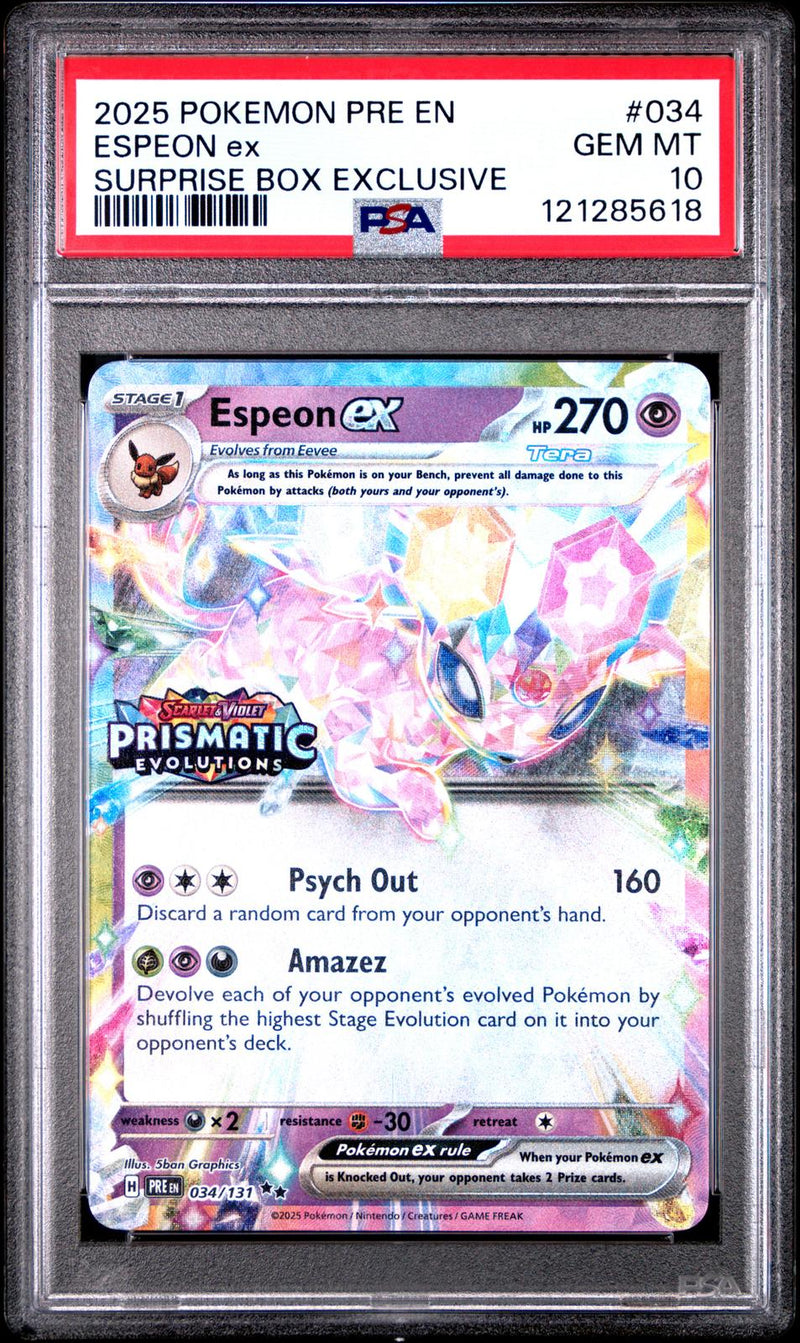 Espeon Ex #034 2025 Pokemon Pre En-Prismatic Evolutions PSA 10 Surprise Box