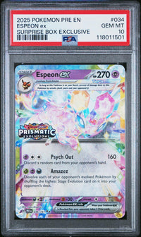 Espeon Ex #034 2025 Pokemon Pre En-Prismatic Evolutions PSA 10 Surprise Box