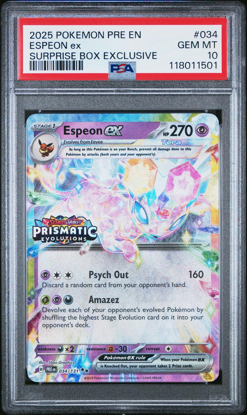 Espeon Ex #034 2025 Pokemon Pre En-Prismatic Evolutions PSA 10 Surprise Box