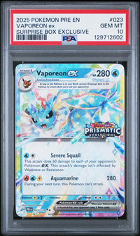 Vaporeon Ex #023 2025 Pokemon Pre En-Prismatic Evolutions PSA 10 Surprise Box
