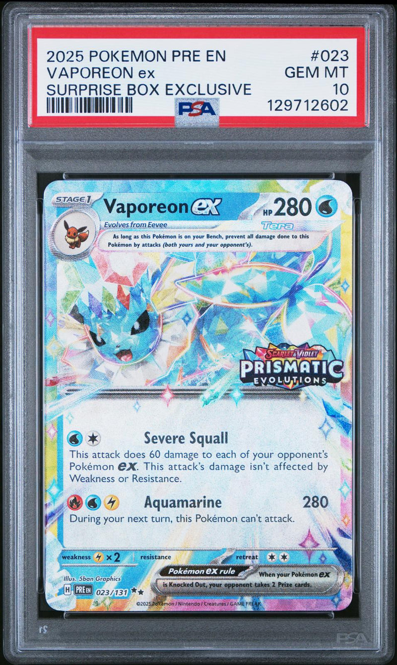 Vaporeon Ex #023 2025 Pokemon Pre En-Prismatic Evolutions PSA 10 Surprise Box