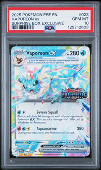 Vaporeon Ex #023 2025 Pokemon Pre En-Prismatic Evolutions PSA 10 Surprise Box